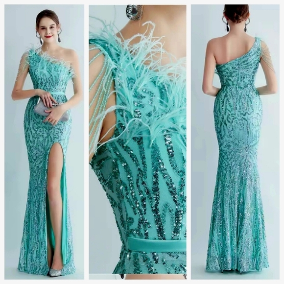 Mint Green, Assymmetrical Feather BeadedNeck, Graphic, Slit Thigh, Sequined Gown - Picture 1 of 11